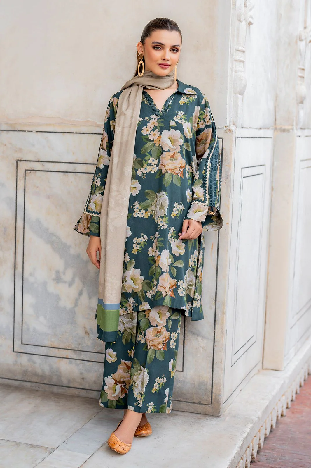 3- Piece Lawn Embroidered Dress With Lawn Dupatta