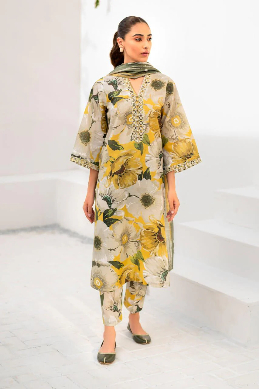 3- Piece Lawn Embroidered Dress With Lawn Dupatta